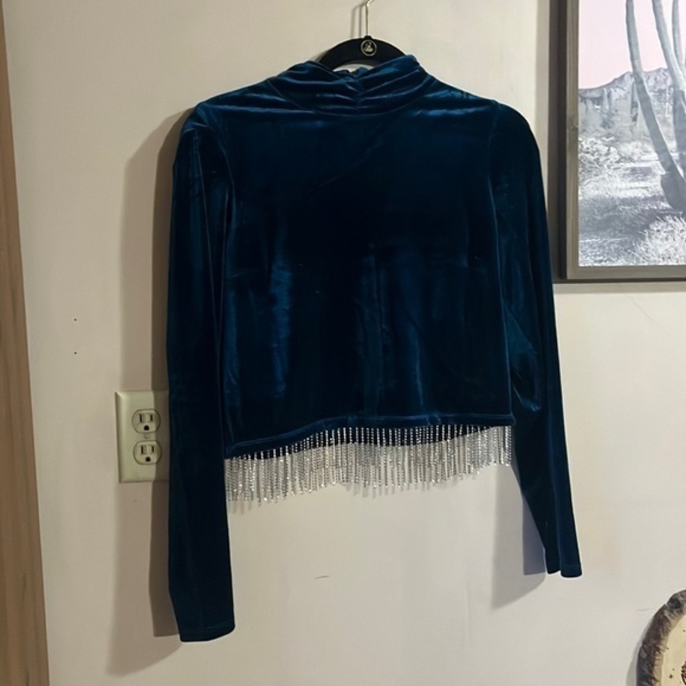 NWOT Joie Teal Velour Rhinestone Fringe Cropped Sweater Size Small
